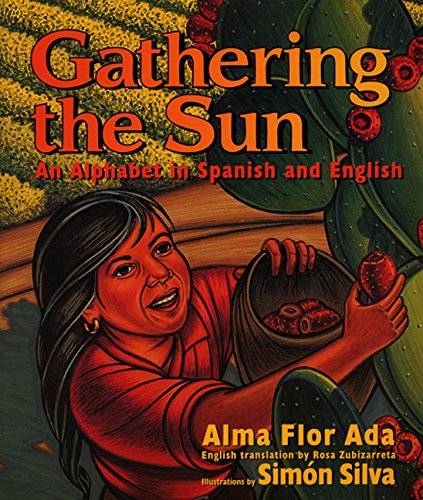Illustrated "gathering the sun" book cover featuring a woman picking fruit for a tree
